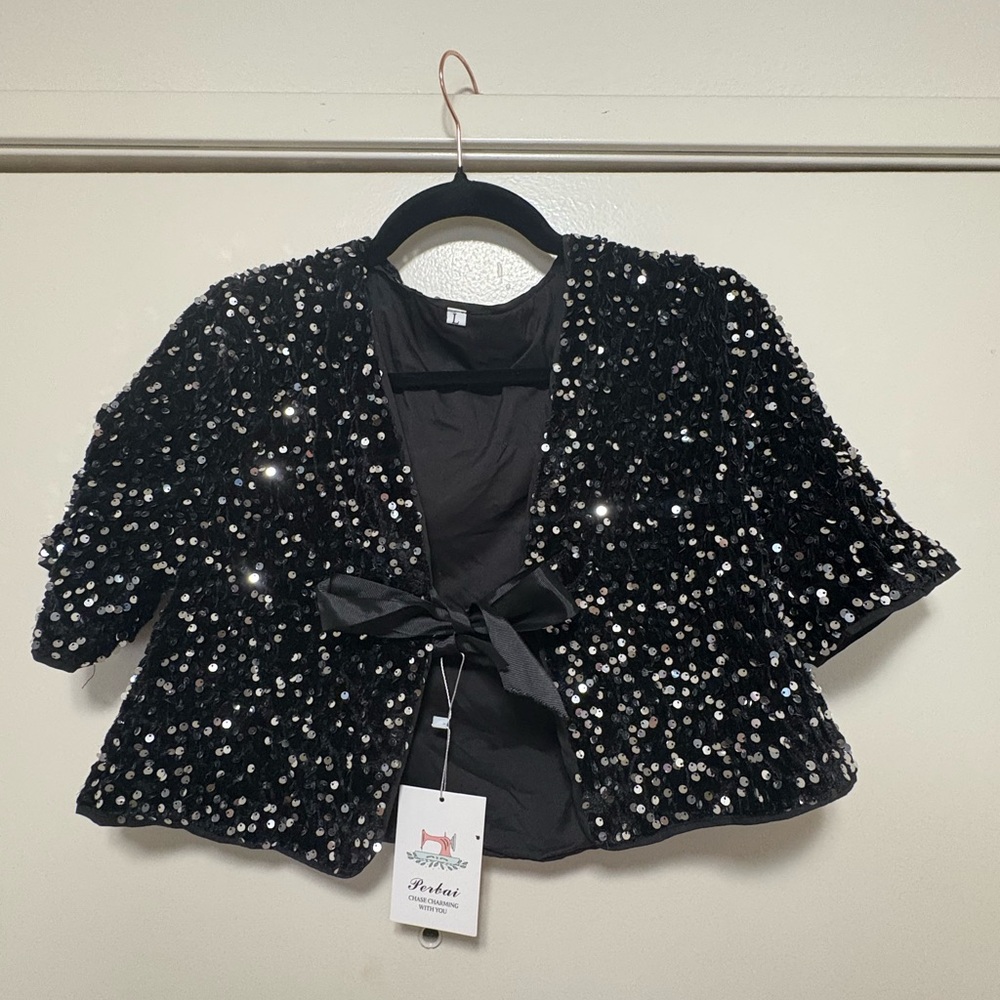NWT Short Sleeve Sequin Embellished Black Jacket W Satin Ribbon Bow Closure